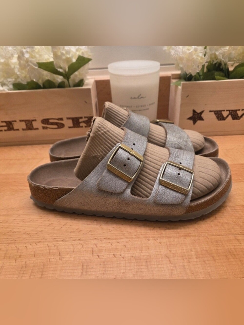 Birkenstock Arizona Women’s Sandals Washed Metallic Silver Leather Size 40
